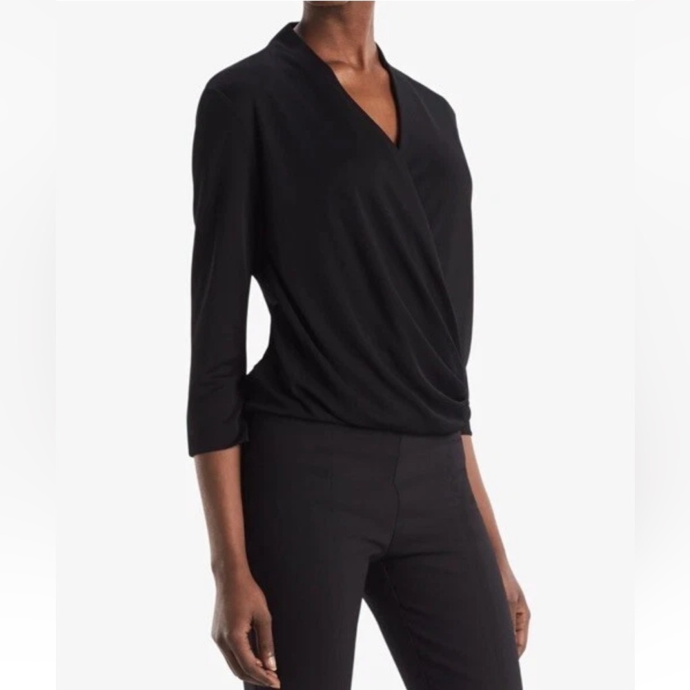 MM Lafleur The Deneuve Top Black Drape Stretch Knit Faux Wrap (109)